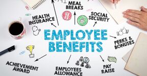 Picture of employee benefits that our company offers people. Health Insurance, Meal Breaks, Social Security, Perks & Bonuses, Pay raise, employee allowance, achievement award