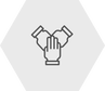 Small icon of three hands joining in the middle in collaboration
