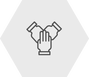 Small icon of three hands joining in the middle in collaboration