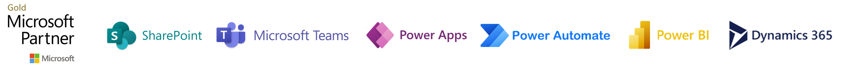 Microsoft Partner logo, SharePoint logo, Microsoft Teams logo, PowerApps logo, Flow logo, Power BI logo, Dynamics 365 logo