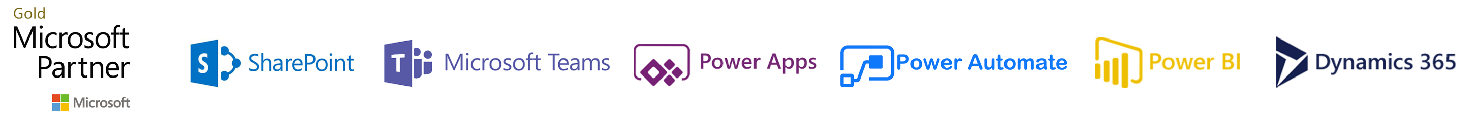 Microsoft Partner logo, SharePoint logo, Microsoft Teams logo, PowerApps logo, Flow logo, Power BI logo, Dynamics 365 logo